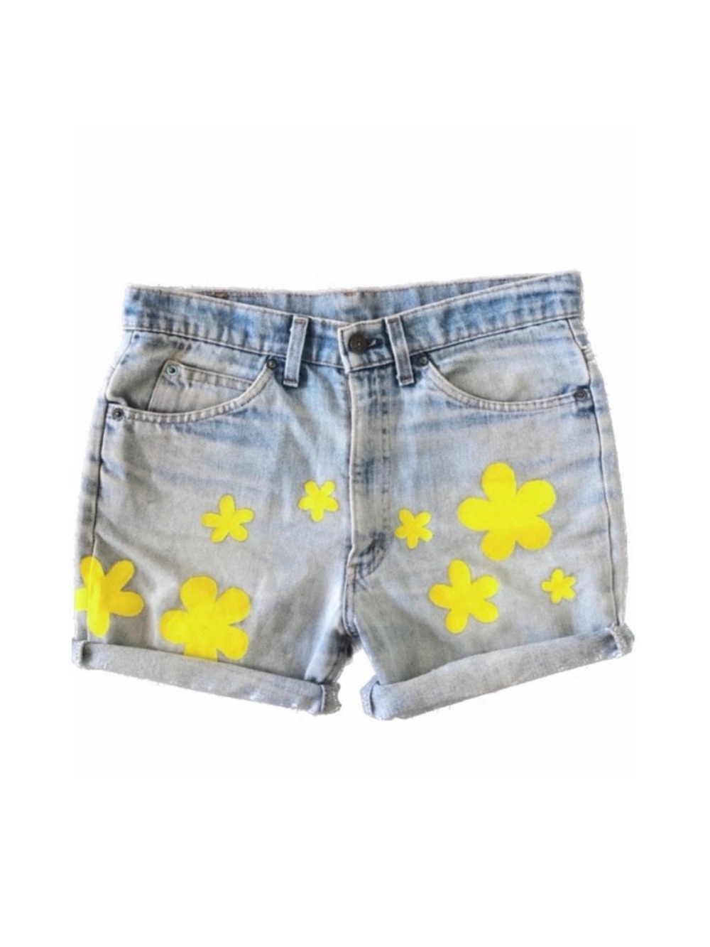 Levi’s Vintage Hand Painted Yellow Flowers Orange Tab Light Blue Jean Shorts